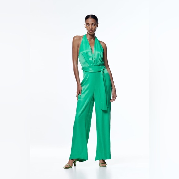 Zara SATIN JUMPSUIT WITH HALTER NECK